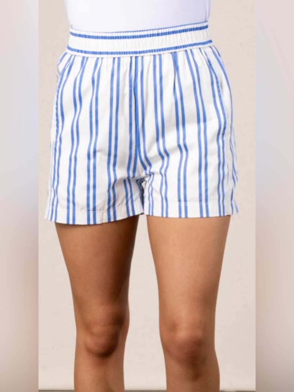 White & Blue High Rise Striped Shorts